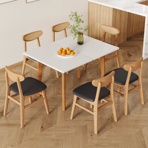 Table and chair set. White sintered stone tabletop, rubberwood legs, foldable computer desk, foldable desk. Solid wood dining chair with small curved Table and chair set. White sintered stone tabletop, rubberwood legs, foldable computer desk, foldable desk. Solid wood dining chair with small curved